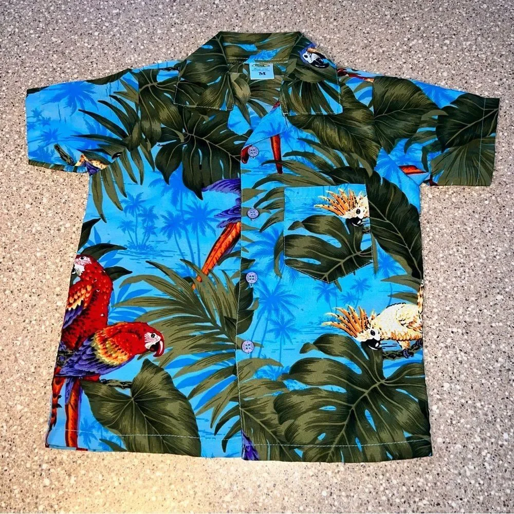RIMA BEACH WORLD Blue Hawaiian Tropical Floral Button Up Shirt & Shorts ~ NWOT